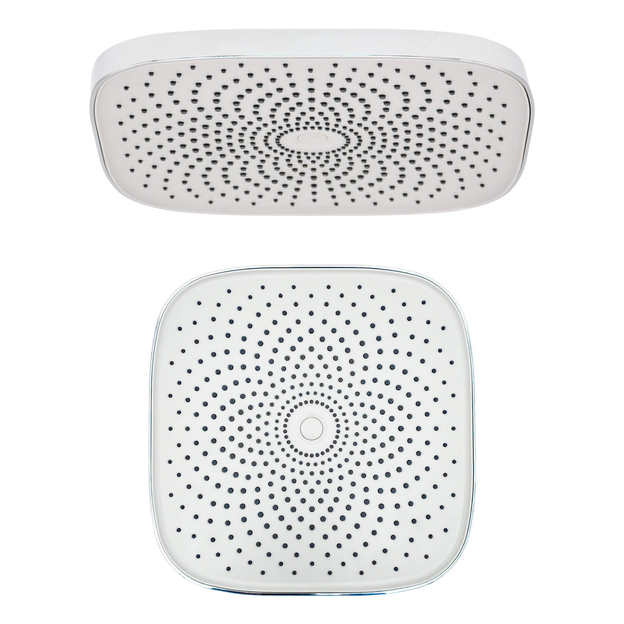 Eurospring 10-inch square rain shower head technical view showing both the white faceplate with silicone nozzles and the chrome back with G1/2 inch swivel connection