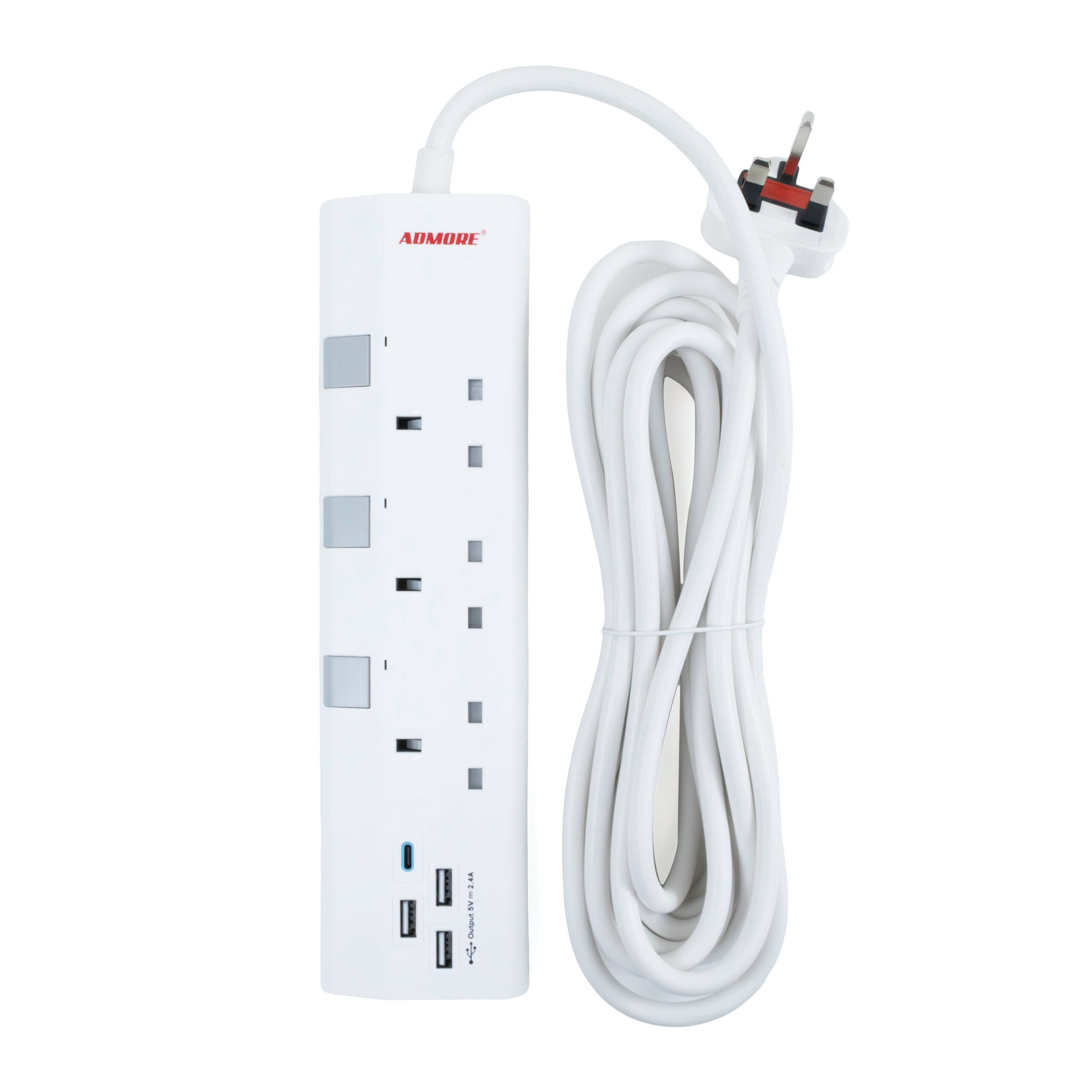 nn_0002_Layer-5-scaled-1.jpg A-E35U | Admore 3 Gang 13A Switched Socket Extensions + USB Charging ports (5 Meters) - Image 1