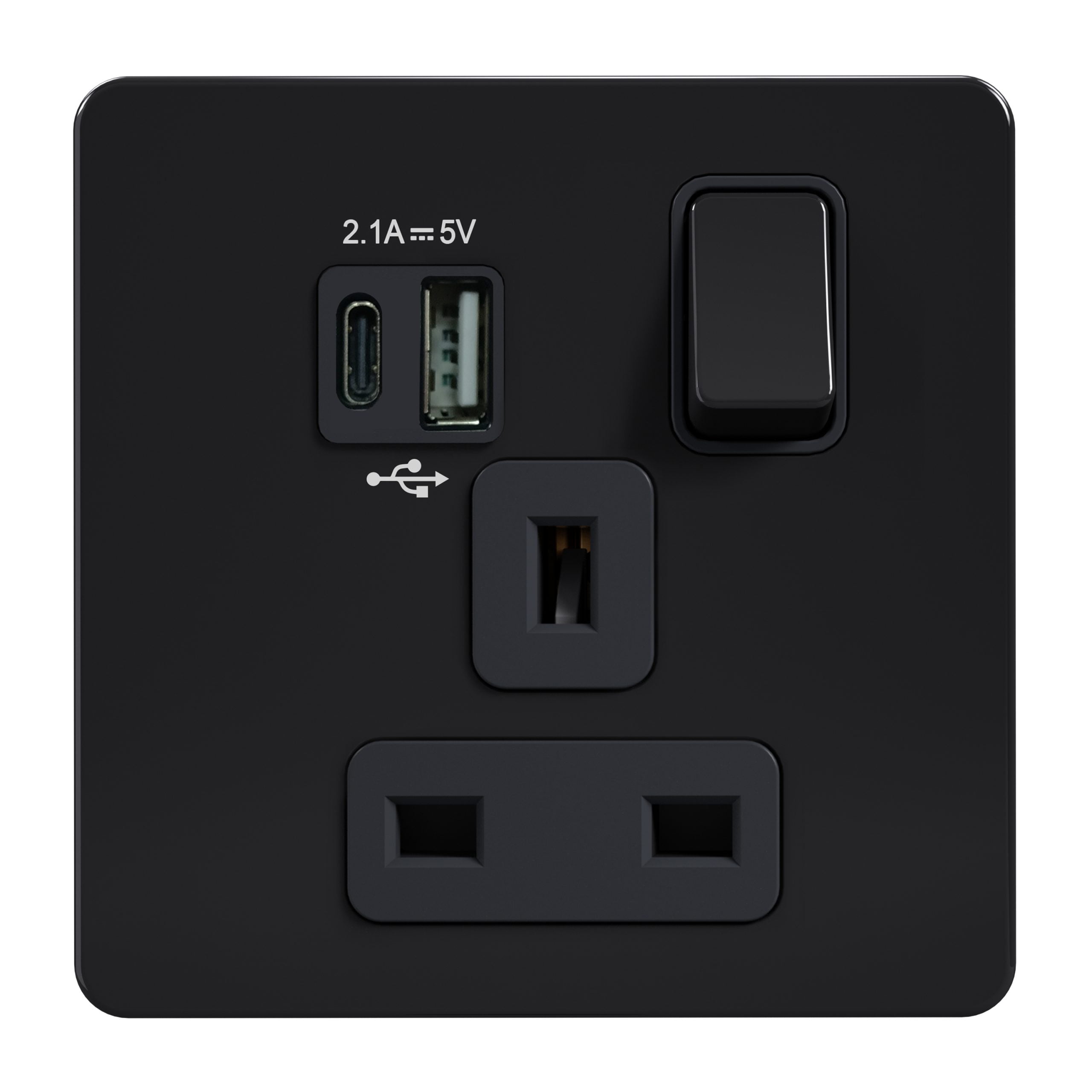 AB_0007_AB-409-scaled-1.jpg AB409-U - 13A 1 Gang Switched Socket, Single Pole with USB A & USB C charging Ports - Metal Series: Black Nickel - Image 1