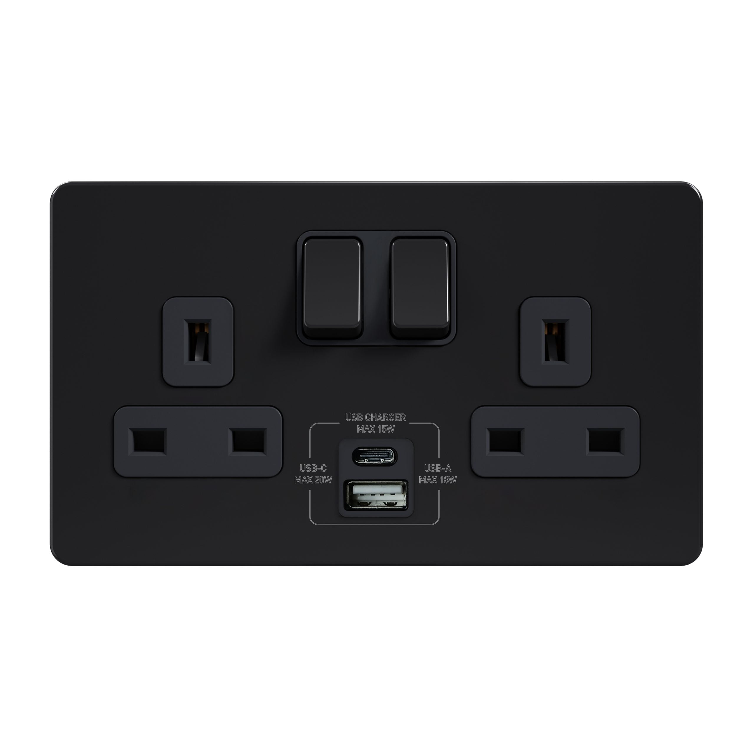 AB_0006_AB-410-scaled-1.jpg AB410-U - 13A 2 Gang Switched Socket, Single Pole with USB-A & USB-C Charging Ports - Metal Series: Black Nickel - Image 1