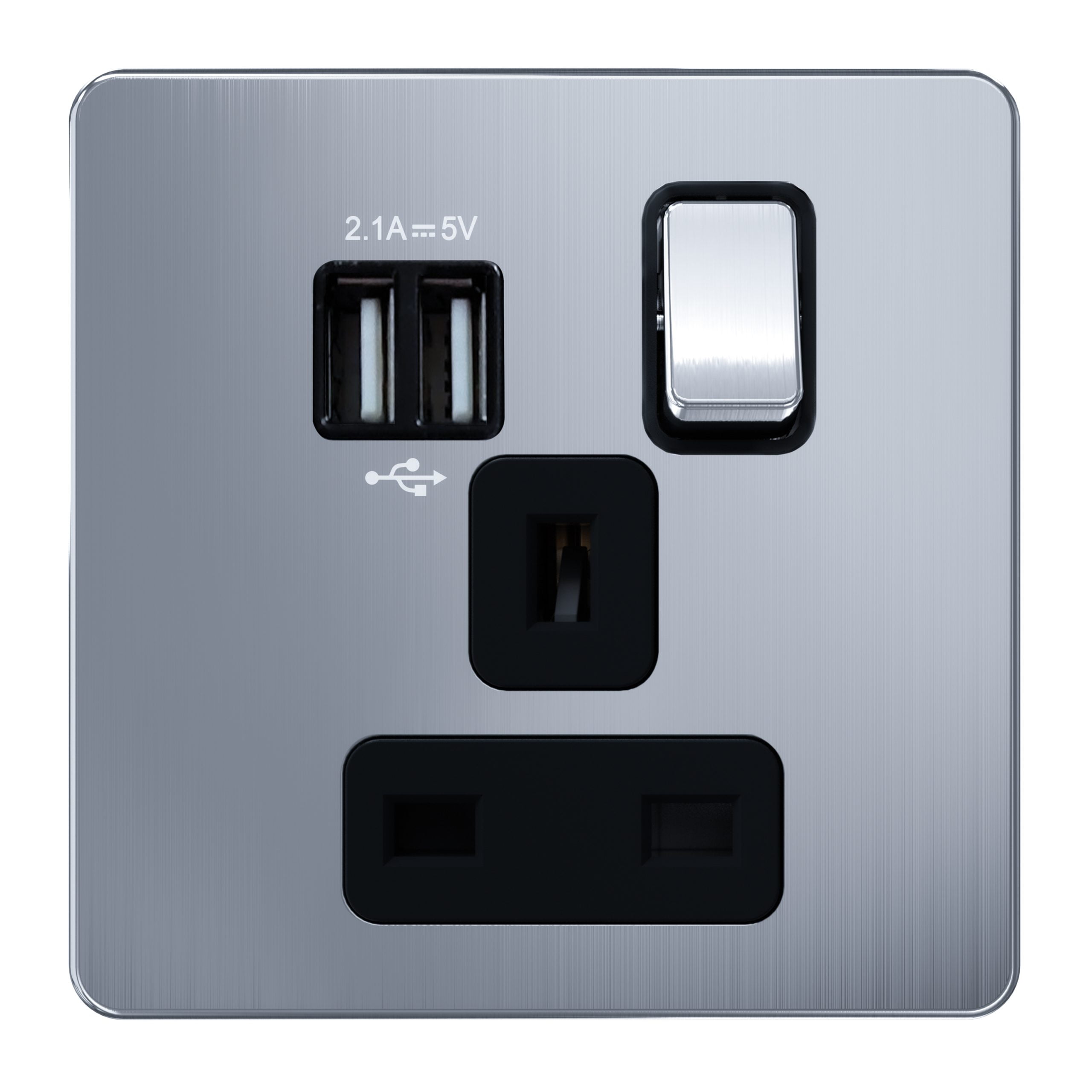 C_0019_AC407-U-scaled-1.jpg AC407U - 13A 1 Gang Switched Socket, Single Pole with USB - Metal Series: Chrome - Image 1