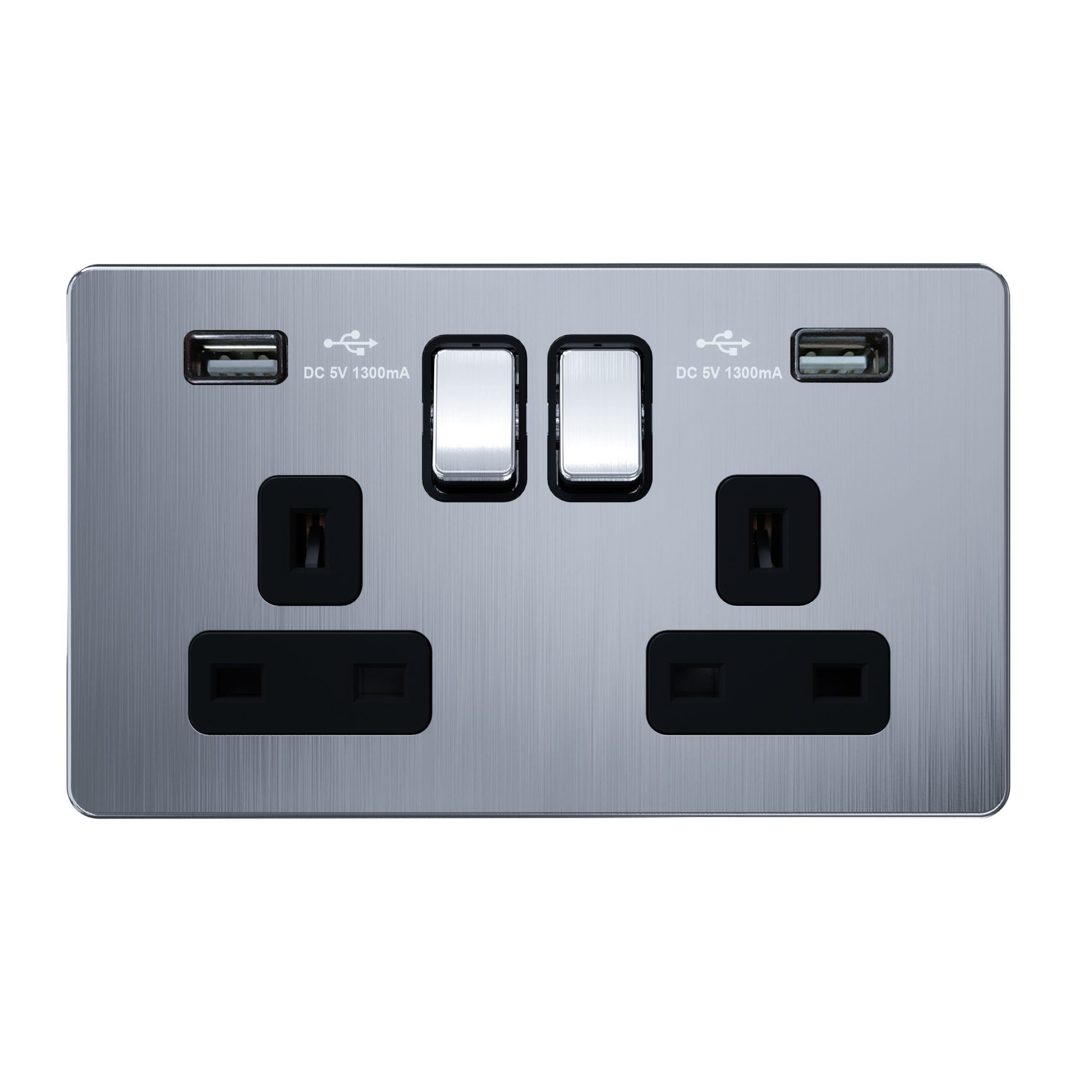 C_0018_AC408-U-scaled-1.jpg AC408U - 13A 2 Gang Switched Socket, Single Pole with USB - Metal Series: Chrome - Image 1