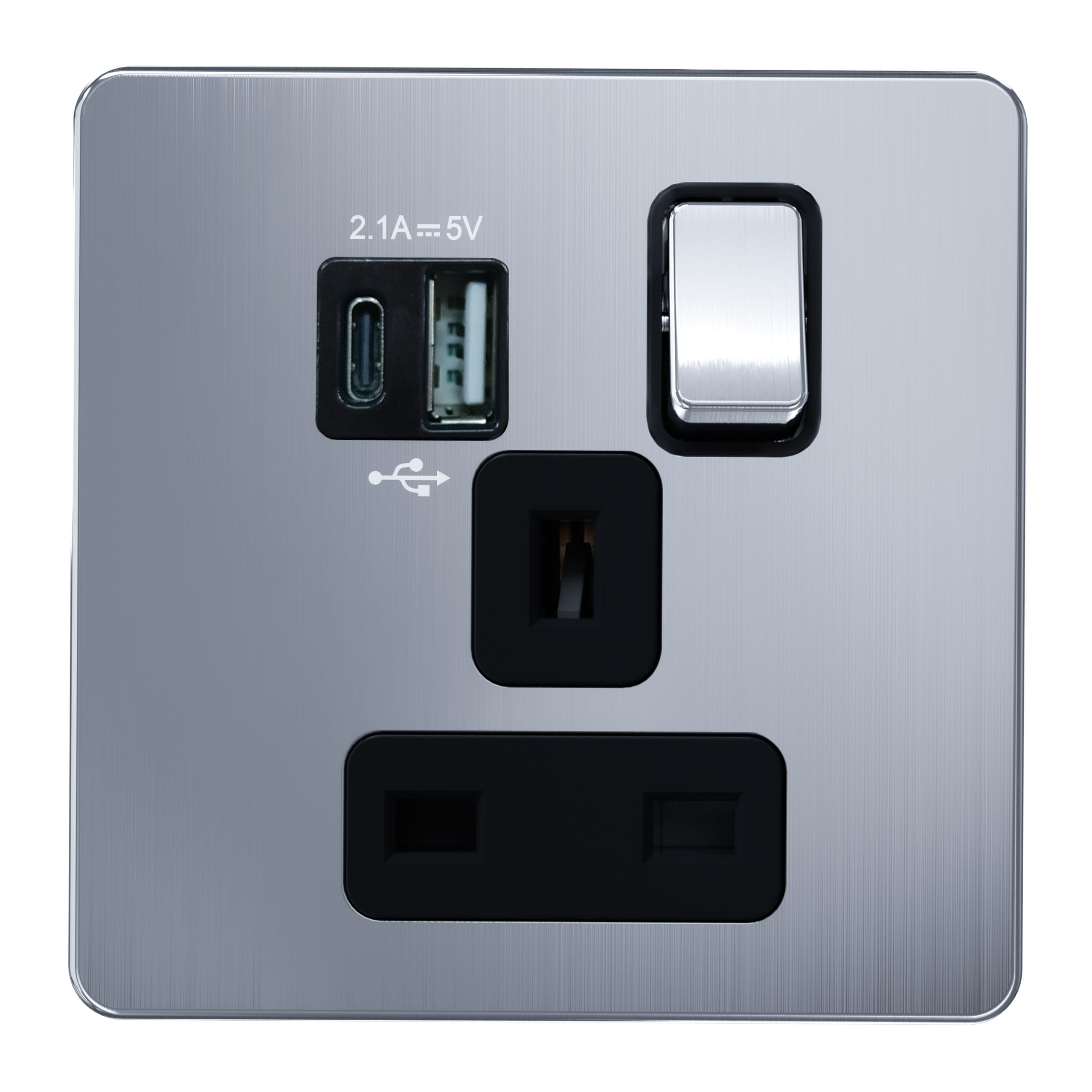 C_0017_AC409-1-scaled-1.jpg AC409U - 13A 1 Gang Switched Socket, Single Pole with USB A + USB C Charging Ports - Metal Series: Chrome - Image 1