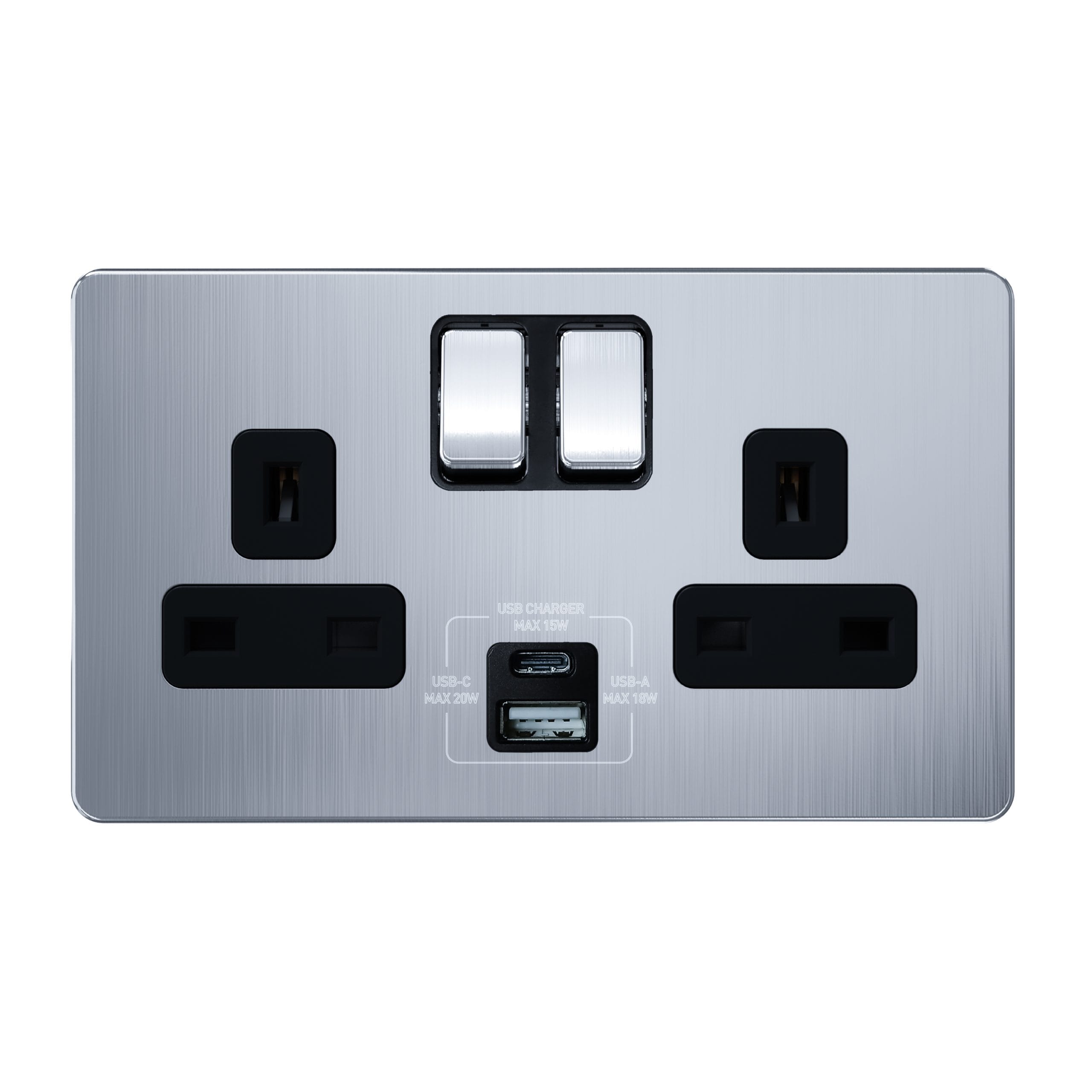 C_0016_AC410-4-scaled-1.jpg AC410U - 13A 2 Gang Switched Socket, Single Pole with USB A + USB C Charging Ports - Metal Series: Chrome - Image 1