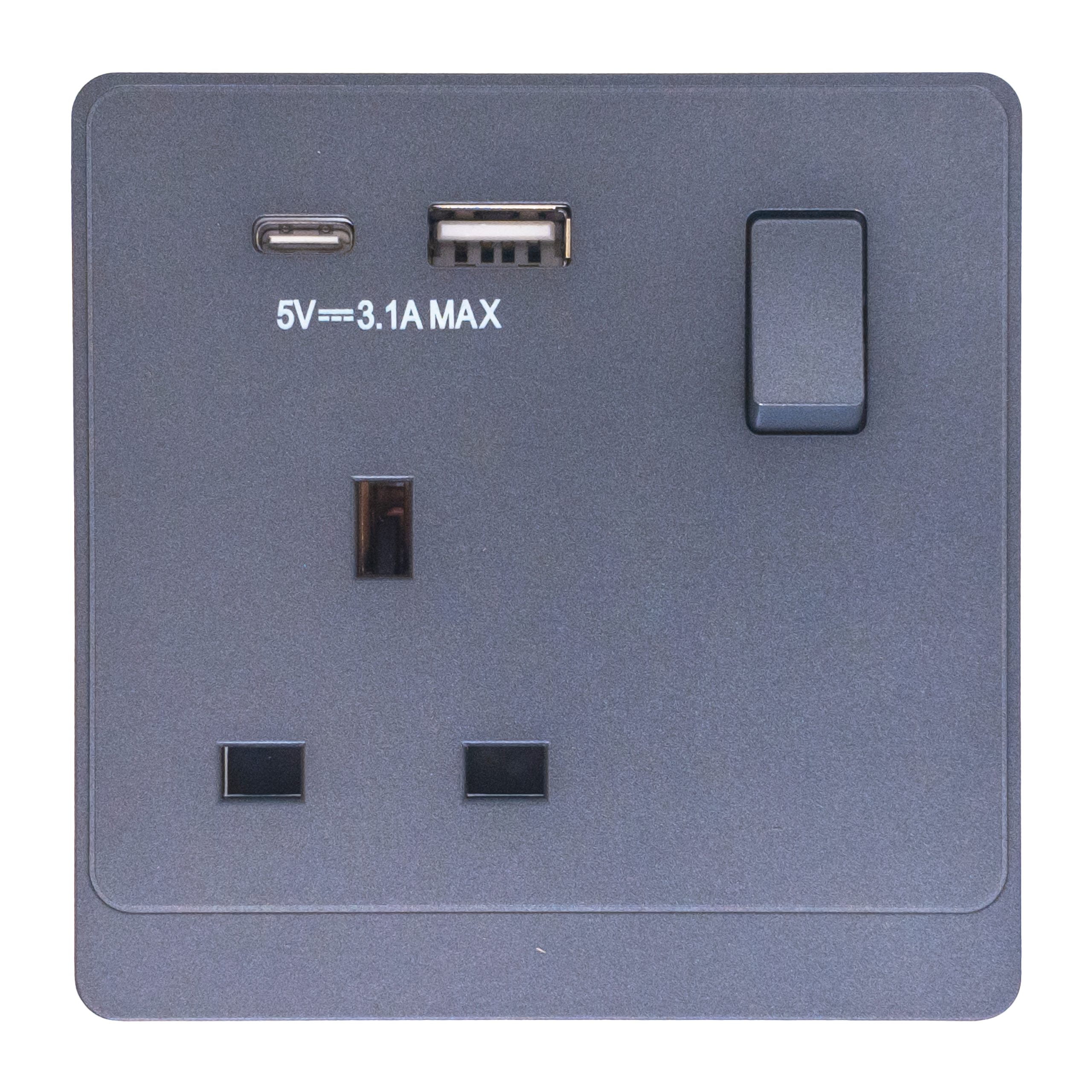 PC-409-scaled-1.jpg P-S407 - 13A 1 Gang Switch Socket With A&C Port - PC Classic Range: Grey - Image 1