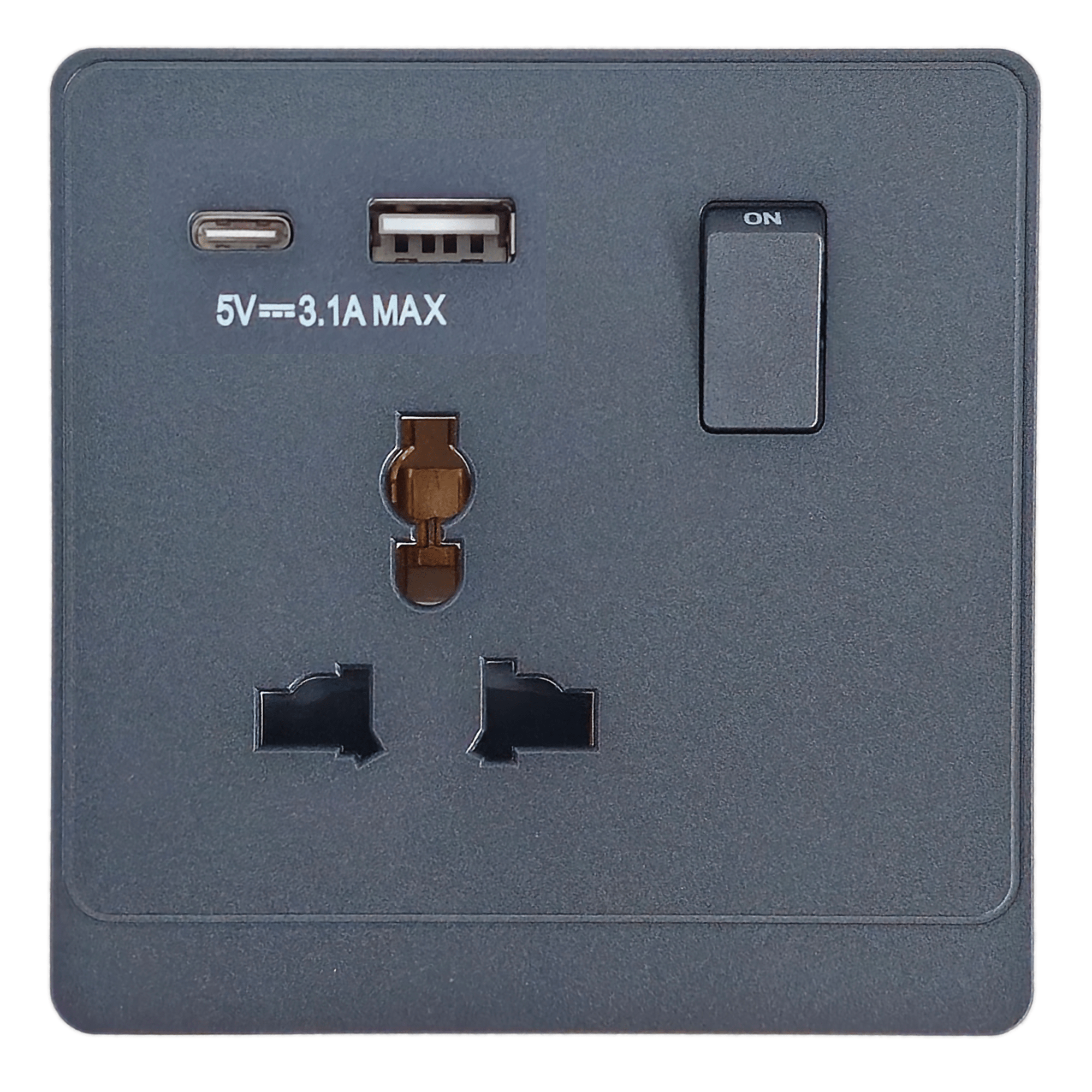 1-gang-Universal-with-USB.png P-S424 - 1 Gang Universal Socket A&C Port - PC Classic Range: Grey - Image 1