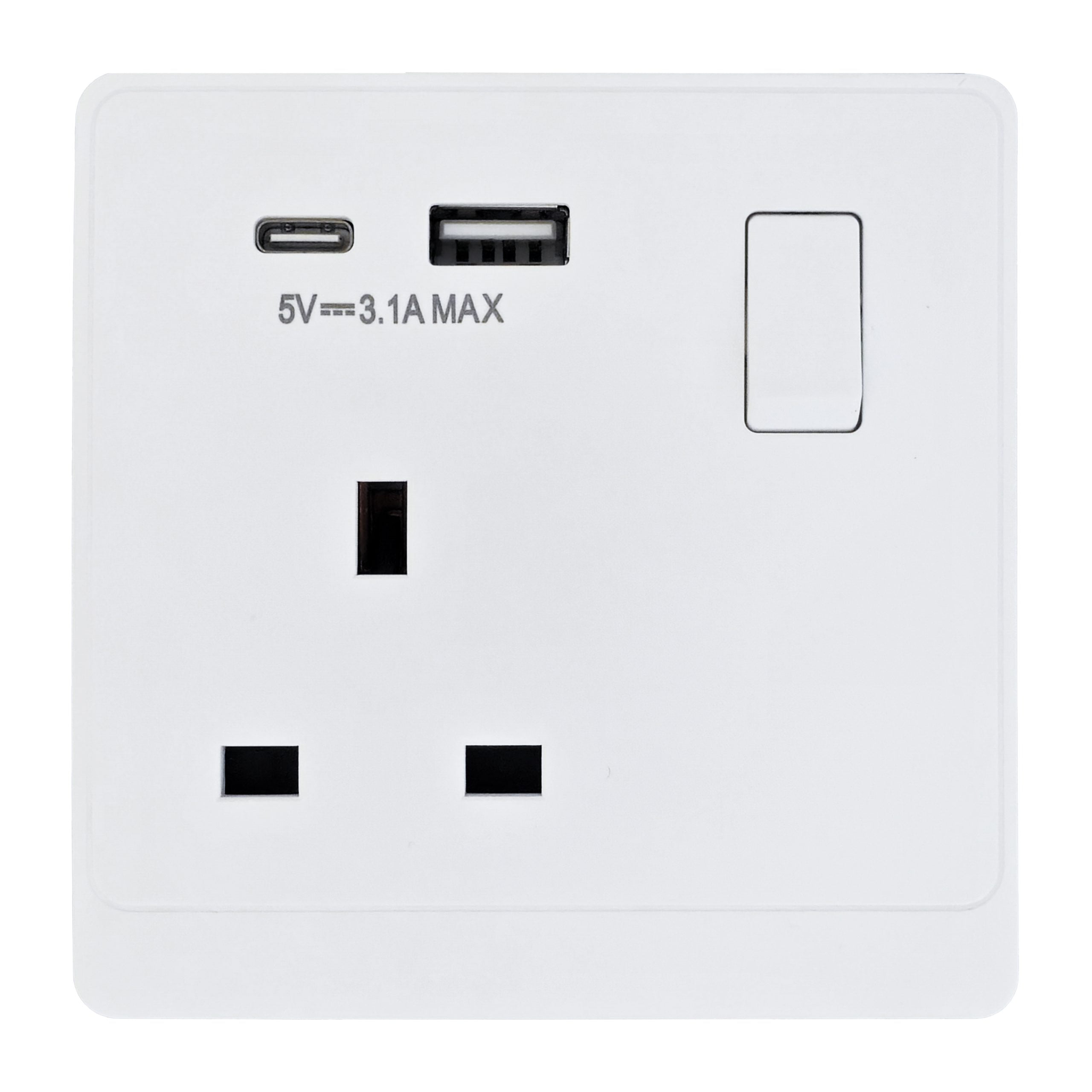 white_0007_Layer-31-scaled-1.jpg P-W407 - 13A 1 Gang Switch Socket With A&C Port -PC Classic Range: White - Image 1