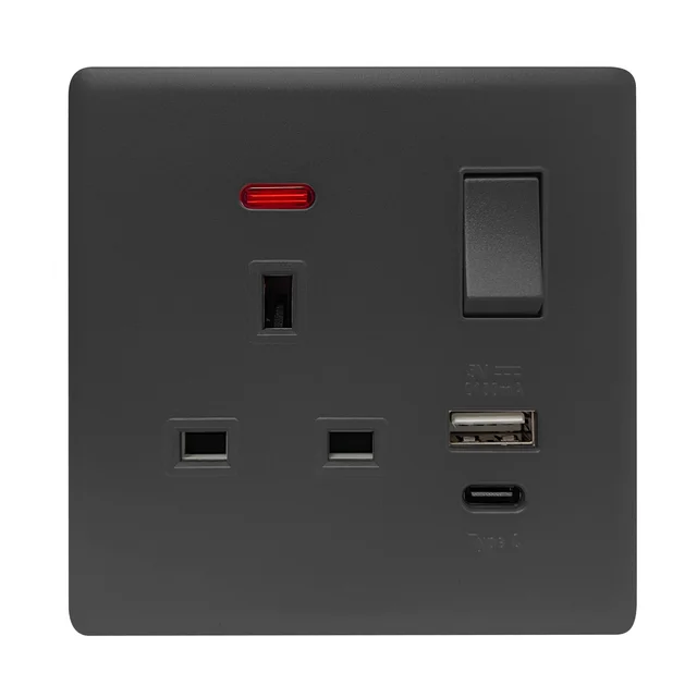 Admore 13A 1 Gang Switched Socket with USB-A & USB-C Ports — Elegant Soft Touch Grey (SB407)