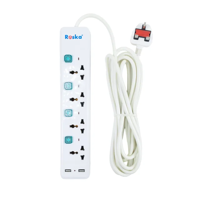 REU-2-USB | Roska 4 Gang 13A Universal Switched Socket Extensions + USB Charging ports(5 Meters)