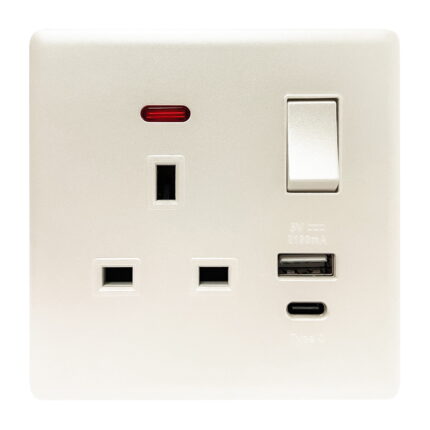 PP407 - 13A 1 Gang Switch Socket With Type A & C Charging Ports - Elegant Pearl White