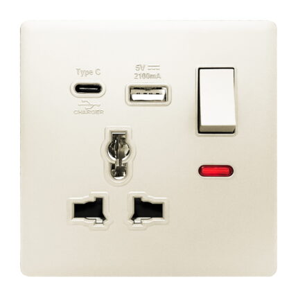 PP382 - 1 Gang Universal Socket With Type A & C Charging Ports - Elegant Pearl White