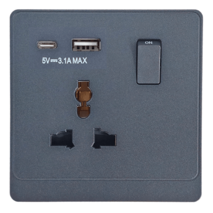 P-S424 - 1 Gang Universal Socket A&C Port  - PC Classic Range: Grey