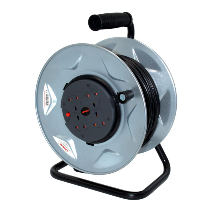 A-MER50 | Admore Heavy Duty 4 Gang Metal Drum Retractable Extension Socket (50 Meters) - Image 1