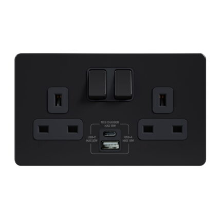 AB410-U - 13A 2 Gang Switched Socket, Single Pole with USB-A & USB-C Charging Ports   - Metal Series: Black Nickel