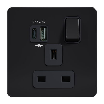 AB409-U - 13A 1 Gang Switched Socket, Single Pole with USB A & USB C charging Ports  - Metal Series: Black Nickel