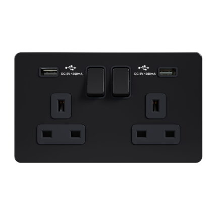 AB408-U - 13A 2 Gang Switched Socket, Single Pole With Usb   - Metal Series: Black Nickel