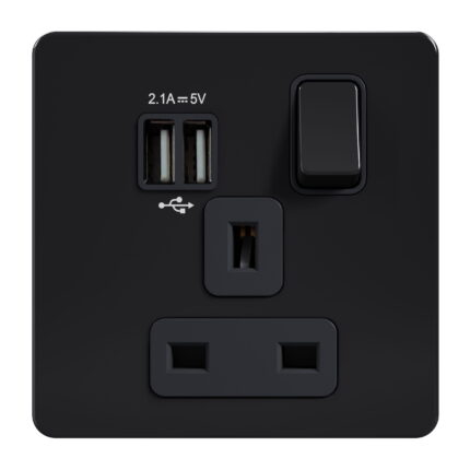AB407-U - 13A 1 Gang Switched Socket, Single Pole With Usb   - Metal Series: Black Nickel