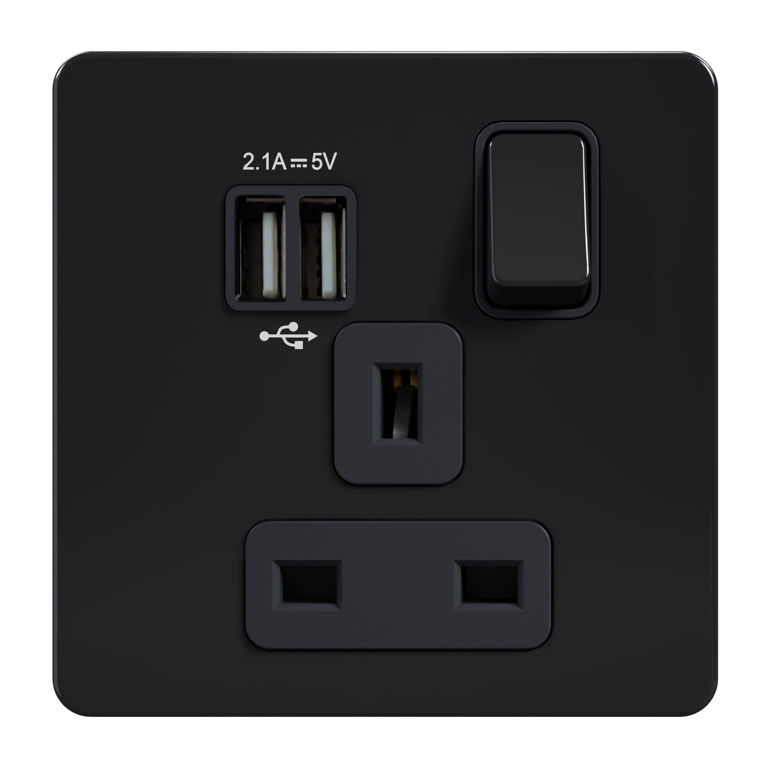 AB407-U – 13A 1 Gang Switched Socket, Single Pole With Usb   – Metal Series: Black Nickel