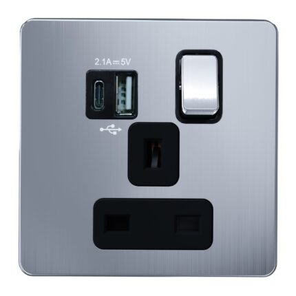 AC409U - 13A 1 Gang Switched Socket, Single Pole with USB A + USB C Charging Ports  - Metal Series: Chrome