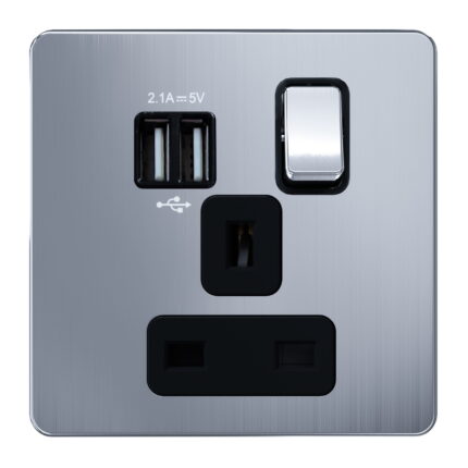 AC407U - 13A 1 Gang Switched Socket, Single Pole with USB  - Metal Series: Chrome