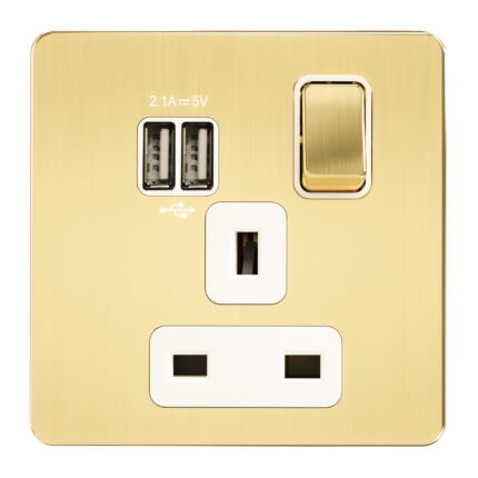 A407-U - 13A 1 Gang Switched Socket, Single Pole With Usb   -Metal Series: Gold