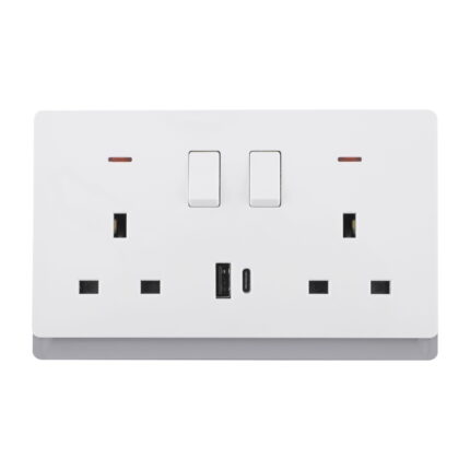 P-R408U - 13A 2 Gang Switch Socket With Usb A&C Port - PC Royal Series: White