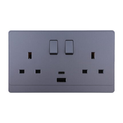P-S408 - 13A 2 Gang Switch Socket With A&C Port - PC Classic Range: Grey