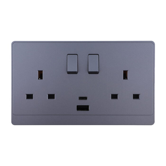 P-S408 - 13A 2 Gang Switch Socket With A&C Port - PC Classic Range: Grey - Image 1