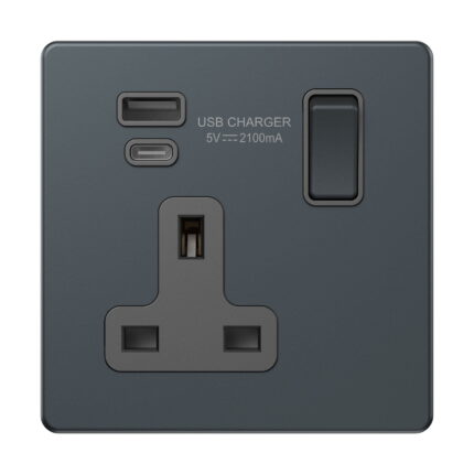 AS407-U - 13A 1 Gang Switched Socket,Single Pole With Usb A&C Port  - Metal Series: Spruce Blue