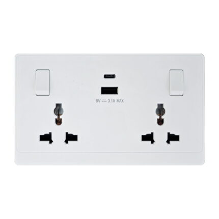 P-W425 - 2 Gang Universal Socket A&C Port  -PC Classic Range: White