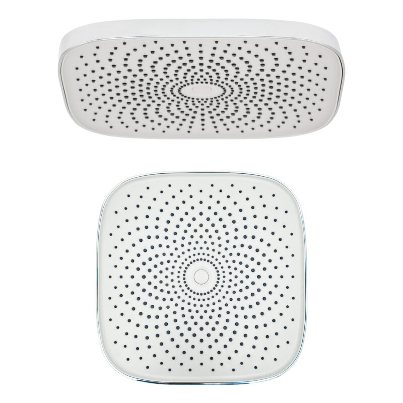 Eurospring 10-inch square rain shower head technical view showing both the white faceplate with silicone nozzles and the chrome back with G1/2 inch swivel connection
